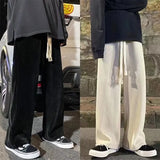 Eoior Summer Thin Male Women Casual Tie Straight Leg Pants Corduroy Monochrome Oversized Men's Warm Korean Street Pants Streetwear