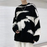 Eoior  American Style High Street Black and White Striped Round Neck Sweater Men Loose and Contrasting Color Outerwear Sweater Knitwear