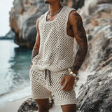 Casual Breathable Knitted Hollow Out Two Piece Sets Men Vintage O Neck Sleeveless Tank Top Knit Shorts Mens Outfits Summer Suits