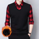 Eoior Smart Casual Formal Men Polo Shirts Fake Two Plaid Street Vintage Male Clothes Spring Autumn Fashion Long Sleeve Business Tops