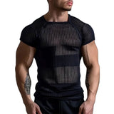 Sports Muscle Slim Elastic Mesh T Shirts Mens Sexy Hollow Out See Through Breathable Top Men Summer Stylish Short Sleeve T-shirt