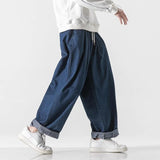 Eoior  Drawstring Men's Jeans Vintage Solid Color Denim Pants Fashion Loose Wide Leg Male Trousers Hip Hop Joggers Large Size 5XL