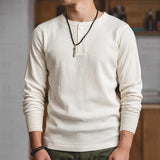 Eoior Maden Fit Long-sleeved Pullover T-shirts Men Waffle Cotton Henry T-shirt Sweater Tee Man Clothing Regularly （White ）