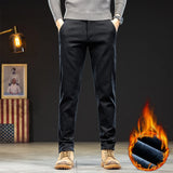 Eoior  Winter Men's Straight Slim Fit Fleece Casual Pants Comfortable Stretch Fabric Thickened Versatile Brown Trousers Male