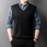 Eoior Smart Casual Formal Men Polo Shirts Fake Two Plaid Street Vintage Male Clothes Spring Autumn Fashion Long Sleeve Business Tops