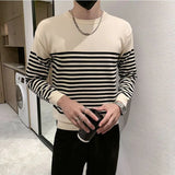 Eoior  Fashion O-Neck Knitted Spliced All-match Striped Sweater Men's Clothing  Autumn New Casual Pullovers Long Sleeve Korean Tops