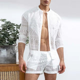 Eoior  Mens Fashion Set Summer New Hollow Out Sexy Lace Shorts Pattern Print Shirt Two Piece Suits Trendy Elegant Beach Clothes Outfits