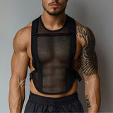 Spring Summer Sports Fitness Tie-up Vest Men Sexy See Through Mesh Tank Tops Mens Slim Fit Sleeveless O Neck Camisoles Muscles