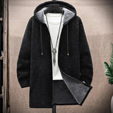 Eoior Autumn Winter Men Hooded Sweater Thicken Long Sleeve Drawstring Plush Lining Mid-Length Knitting Jacket Male Coat Streetwear