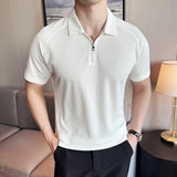 Men POLO Shirt British Style Summer Ice Silk Thin Solid Color Casual Elastic Slim Fit Short Sleeved T-shirt Mens Clothing