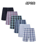 6 Pcs Boxer Shorts Casual Plaid Elastic Waistband Button Mens Boxer Underwear Woven Shorts For Home Random Color