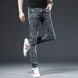 Eoior New Men Skinny Jeans Fashion Korean Style Washed Snowflakes Streetwear Slim Straight Personality Vintage Male Denim Trousers