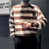 Eoior  Striped Sweater Men's Long Sleeved Spring and Autumn Trendy Casual Ruffian Handsome T-shirt Men's Round Neck Pullover Top