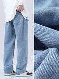 Eoior  New Autumn Blue Jeans Men Korean Vintage Banding Waist Denim Cotton Casual Wide-Leg Long Pants Straight Baggy Jean Trousers