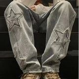 Eoior  Star Embroidery Straight Casual Men Jeans Gothic Neutral New Wide Leg Loose Hip-hop Fashion Youth Streetwear Denim Trousers Y2K