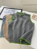 Striped Trim Contrast Color Round Neck Wool Sweater Vest Gray Khaki Women's Autum  Winter Tank Top Loose Vest