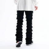 Harajuku Hip Hop Streetwear Striped Tassel Frayed Straight Baggy Jeans Pants Male and Female Solid Color Casual Denim Trousers