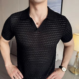 Men's Polo Shirt Summer New Light and Thin Knitted Hollow Solid Color Casual Short Sleeved V-neck T-shirt Men's Clothing