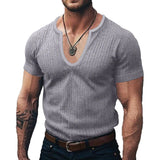 Fashion Solid Color Mens Knit T Shirt Summer New Casual Short Sleeve V Neck Jumper Tops Men Vintage Ribbed Knitted T-shirt