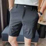 Eoior  -  Summer High Elastic Ice Silk Shorts Men Simple Casual Breathable Short Pants Formal Business Slim Knee Length Short Pants