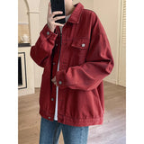 New Steetwear Red Mens Jean Jackets Turn Down Collar Multi-pockets Denim Coats Overalls Loose Casual Men Clothing Outwear