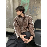 Retro Leather Jacket Men Women  American Patchwork Strip Racing Outerwear Loose Hip Hop Zippers Brown PU Coat Streetwear Spring