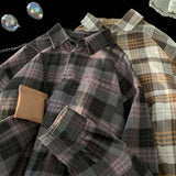 Eoior  Korean Street Plaid Shirt Coat Men's Long Sleeve Turn Down Collar Casual Shirts Vintage College Style Unisex Fashion Clothing