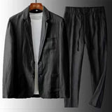 Men 2-Piece Set Solid Breathable Casual Clothes Business Slim Fit Suit For Men Linen Pocket Thin Jacket Long Pants Blazer Outfit