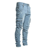 Eoior Men's jeans casual cotton jeans multi-pocket denim cargo pants fashion street jeans side pockets men's pencil pants