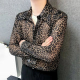 Mens Sexy Leopard Print Mesh See-Through Ice Silk Shirt Autumn Genderless Fashion Youth Nightclub Breathable Hollow Top Unisex