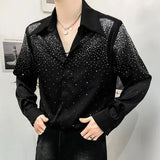 Eoior  Mens Sexy Diamond Shoulder Pad Shirt Autumn Genderless Fashion Lazy Style Nightclub Performance Loose Long Sleeve Shirt Unisex