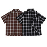 Harajuku Summer Short Sleeve Plaid Shirt for Men Lapel Patchwork Hip Hop Overalls Streetwear Vintage Loose Oversized Tops