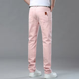 Eoior  Four Season White Color Jeans For Man Straight Slim Party Cool Pants Casual Denim Jeans Large Size Red Pink Trousers