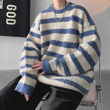 Eoior  Fashion O-Neck Knitted Spliced Loose Korean Striped Sweater Men's Clothing Autumn New Casual Pullovers All-match Warm Tops