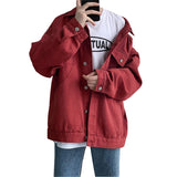 New Steetwear Red Mens Jean Jackets Turn Down Collar Multi-pockets Denim Coats Overalls Loose Casual Men Clothing Outwear