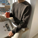 Eoior  Mens Autumn Winter Korean Style Loose Round Neck Knitted Sweater Gender-Neutral Trendy Casual Solid Color Simple Sweater Unisex