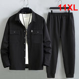 Eoior  Men's Stripe Sets Plus Size 10XL 11XL Cargo Shirts Pants Male Autumn Winter Thick Suits Fashion Casual Jacket Sets Big Size 10XL