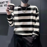 Eoior  Striped Sweater Men's Long Sleeved Spring and Autumn Trendy Casual Ruffian Handsome T-shirt Men's Round Neck Pullover Top