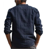 Eoior Cotton Linen Hot Sale Men's Long-Sleeved Shirts Summer Solid Color  Stand-Up Collar Casual Beach Style Plus Size