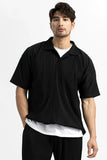 Pleated Men Polo Shirt Short-sleeved Lapel T Shirt Breathable Loose Casual Plain Top Miyake Men