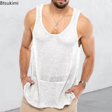 New Summer Men's Tank Top Loose Knit Sports Vest Fashion Solid 100% Viscose Sleeveless Male T-shirt Breathable Mesh Sports Top