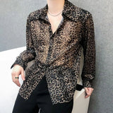 Mens Sexy Leopard Print Mesh See-Through Ice Silk Shirt Autumn Genderless Fashion Youth Nightclub Breathable Hollow Top Unisex