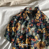 line drawing plant floral Cuban collar short-sleeved floral shirt for men and women trendy Hawaiian Thai Japanese retro shirt