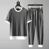 Eoior  2024 New Summer T-Shirt Pants Ice Silk Suit Two Pieces Set Thin Casual Sports Suit Male Fashion Sweatpants Set Plus Size