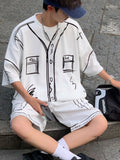 Eoior  -  Cute Graffit Summer Outfits Men Blouse Top Shorts Set Oversize Funny Shirt Harajuku Casual Short Sleeve T-shirt 2PCS Suits