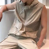 Eoior  Mens Y2k Functional Multi-Pocket Casual Hooded Vest 2024 New Genderless Fashion Loose Solid Color Sleeveless Tank Top Unisex