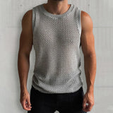 Summer Casual Mens Knit Tank Tops Sexy Hollow Out See Through Mesh Knitted Vest For Men Fashion Sleeveless O Neck Camisoles