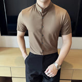 Summer High Quality New Solid High Elasticity Seamless Short Sleeve Shirts Men Slim Social Casual Business Formal Dress Shirt