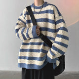 Eoior  Fashion O-Neck Knitted Spliced Loose Korean Striped Sweater Men's Clothing Autumn New Casual Pullovers All-match Warm Tops