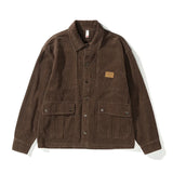 Eoior Men's fashion vintage corduroy coffee color cargo shirt casual loose coat